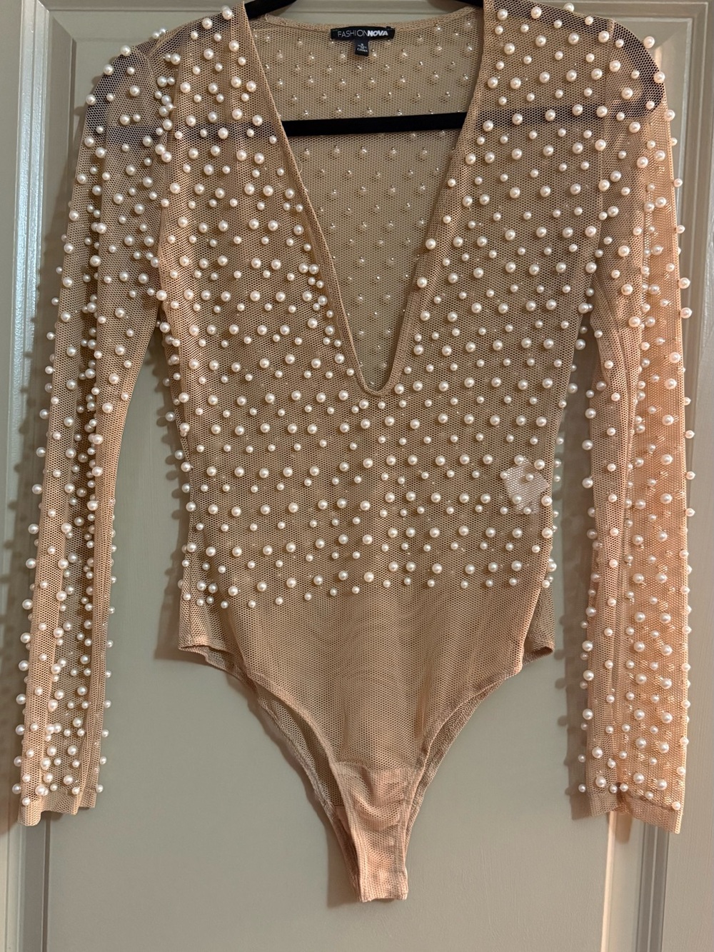 Fashion Nova Nude Pearl-Embellished Mesh Bodysuit